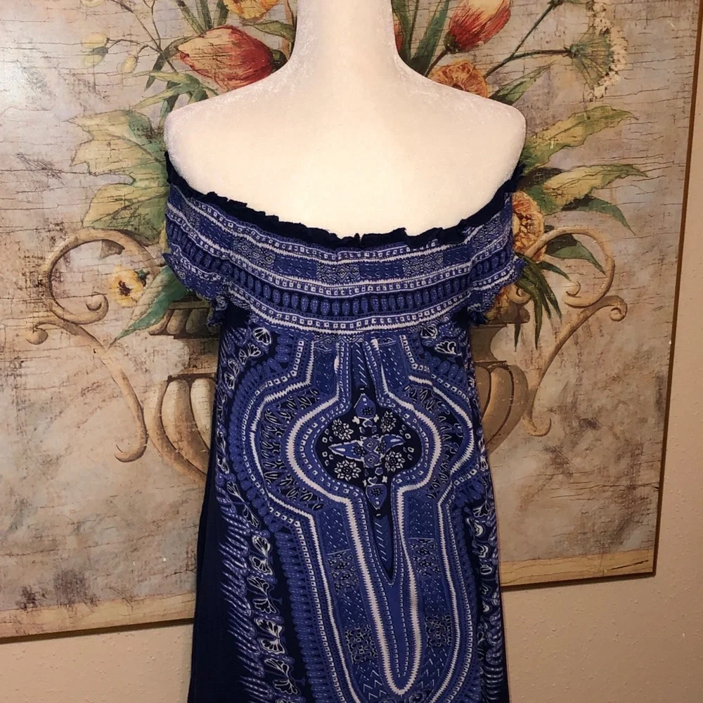 Sz M Band of Gypsies Coverup Smock Dress Off the Shoulder Blue Multiprint 861490